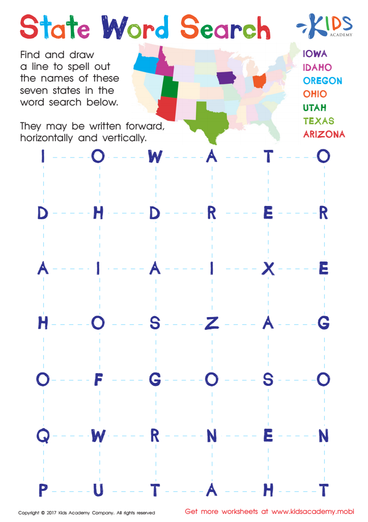 State word search worksheet free pdf printout for kids