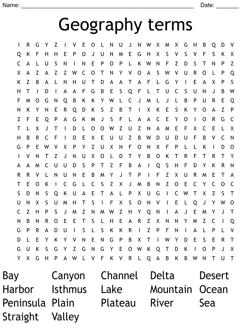 Geography terms word search