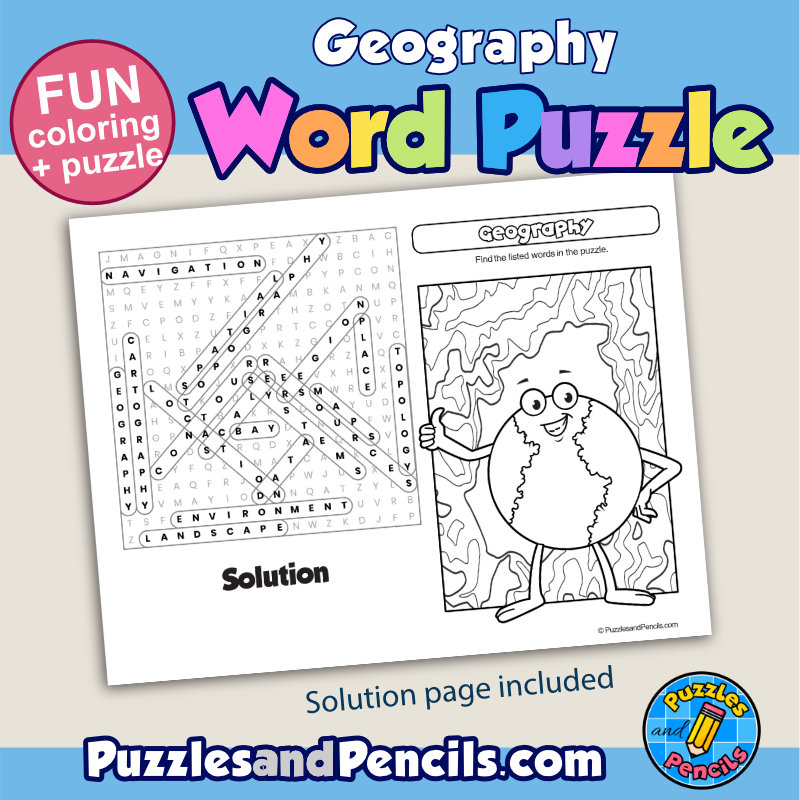 Geography word search puzzle activity page with coloring made by teachers