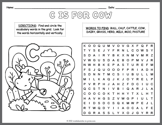 Cow word search coloring page