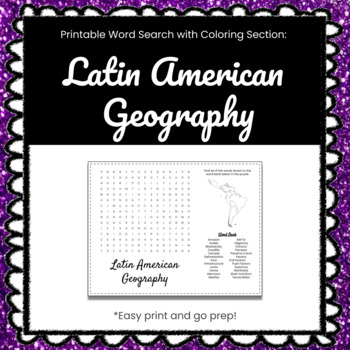 Latin american geography printable word search puzzle with coloring section