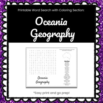 Oceania geography printable word search puzzle with coloring section
