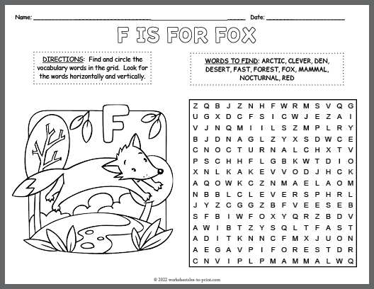 Fox word search coloring page