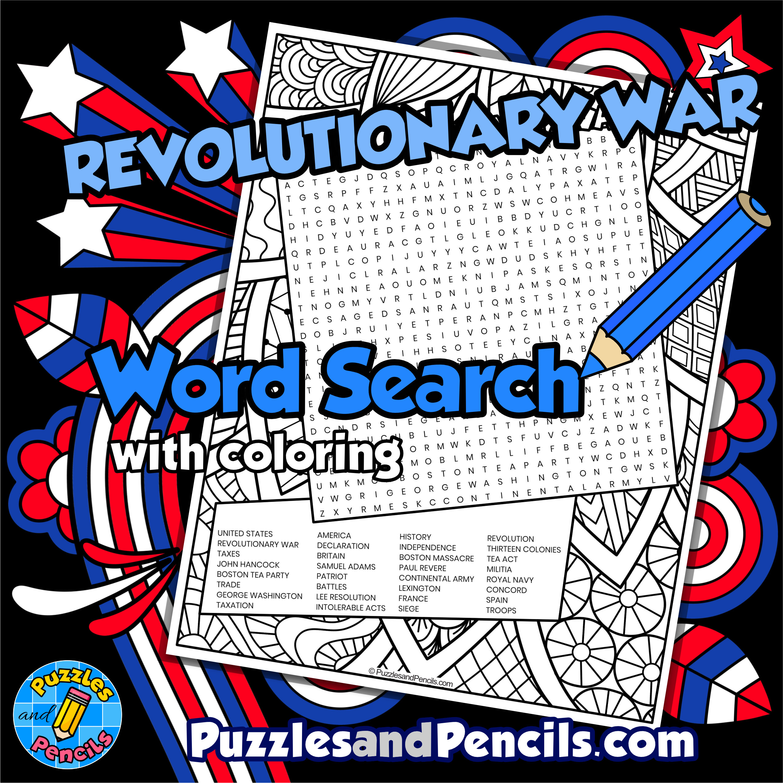 American revolutionary war word search puzzle with coloring us history wordsearch made by teachers