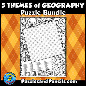 Five themes of geography word search puzzles with coloring bundle