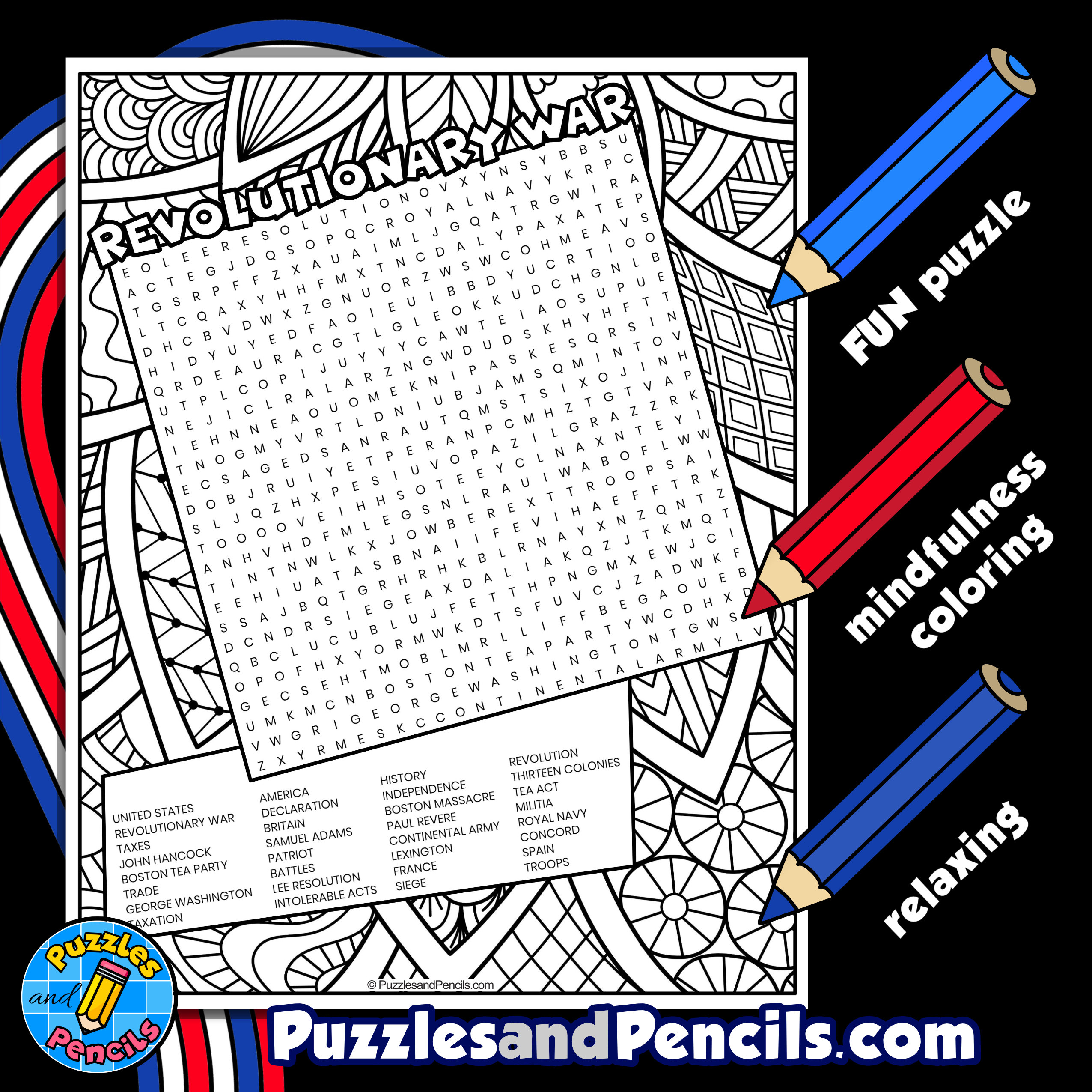 American revolutionary war word search puzzle with coloring us history wordsearch made by teachers