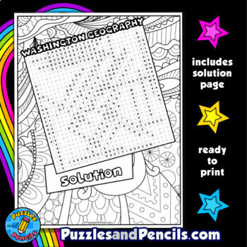 Washington geography word search puzzle activity page with coloring