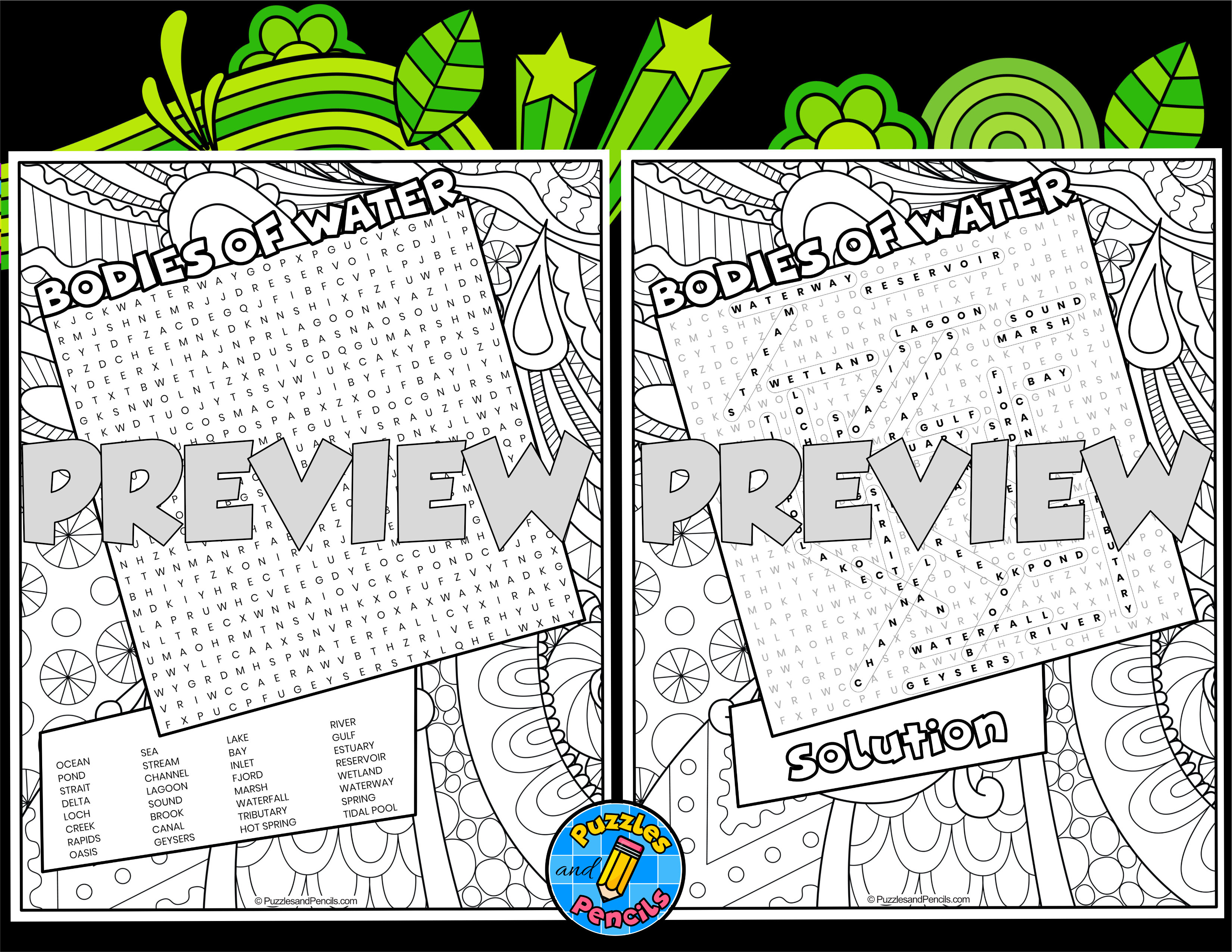 Bodies of water word search puzzle with colouring geography teaching resources