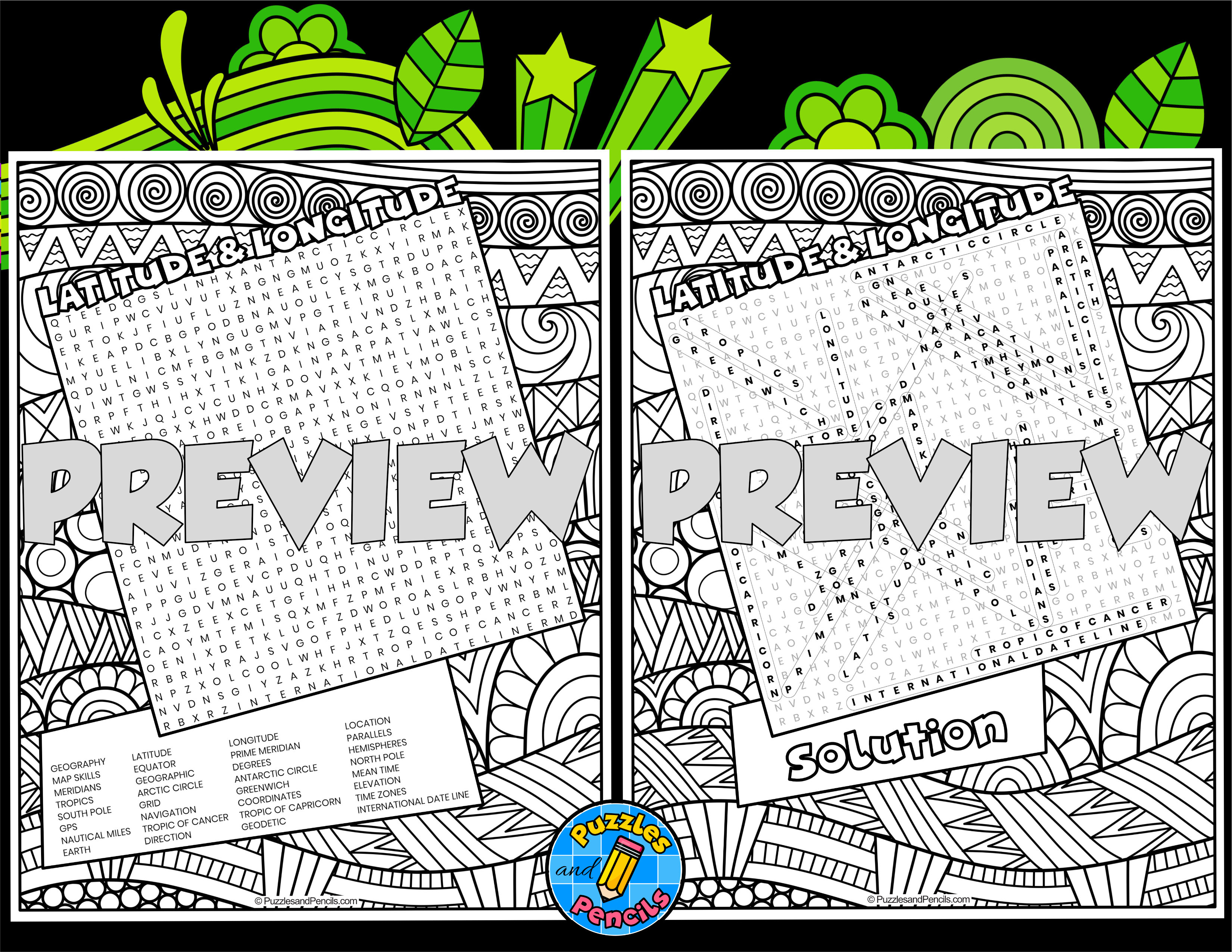 Latitude and longitude word search puzzle with colouring geography teaching resources