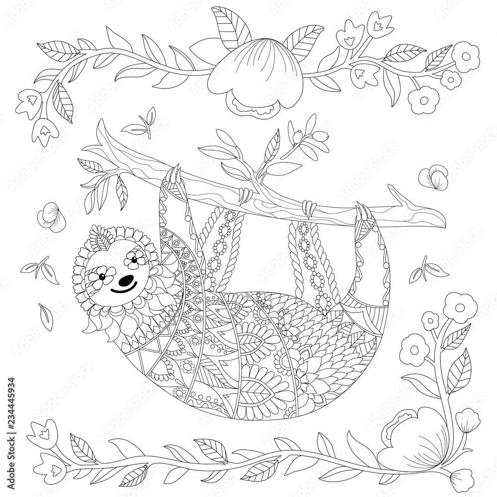 Vector ornate cute sloth on the tree coloring page design animal coloring book for adult zentangle sloth print with floral and geometric elements vector