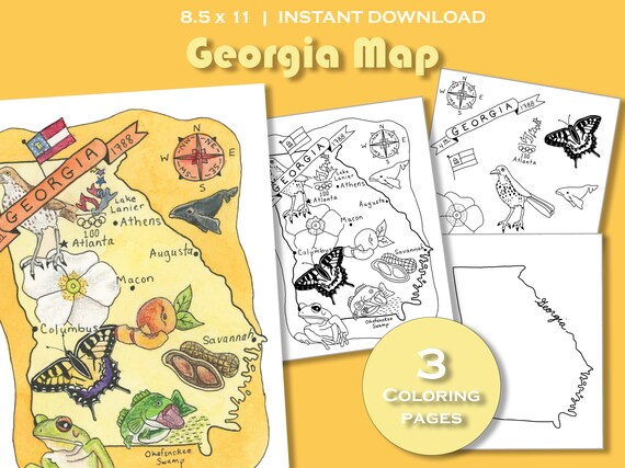 Georgia coloring page georgia state map georgia printable packet georgia state symbols georgia travel poster print