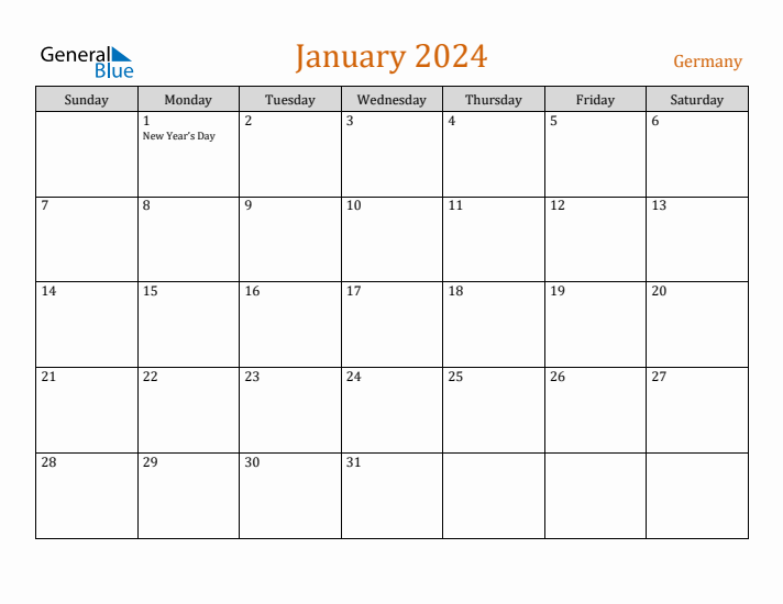 January monthly calendar with germany holidays