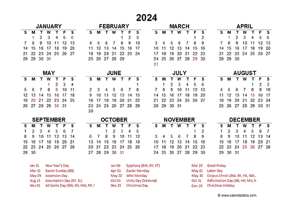 Year at a glance calendar with germany holidays