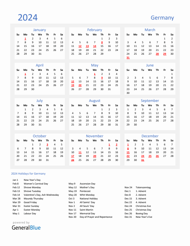 Germany calendar with holidays