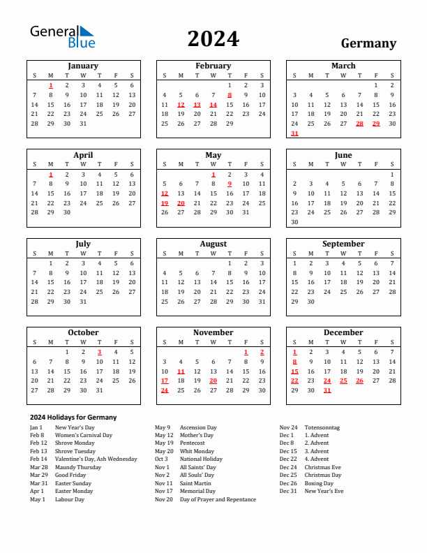 Germany calendar with holidays