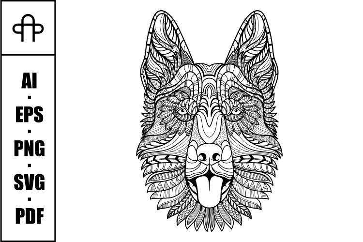 German shepherd dog head mandala zentangle coloring page