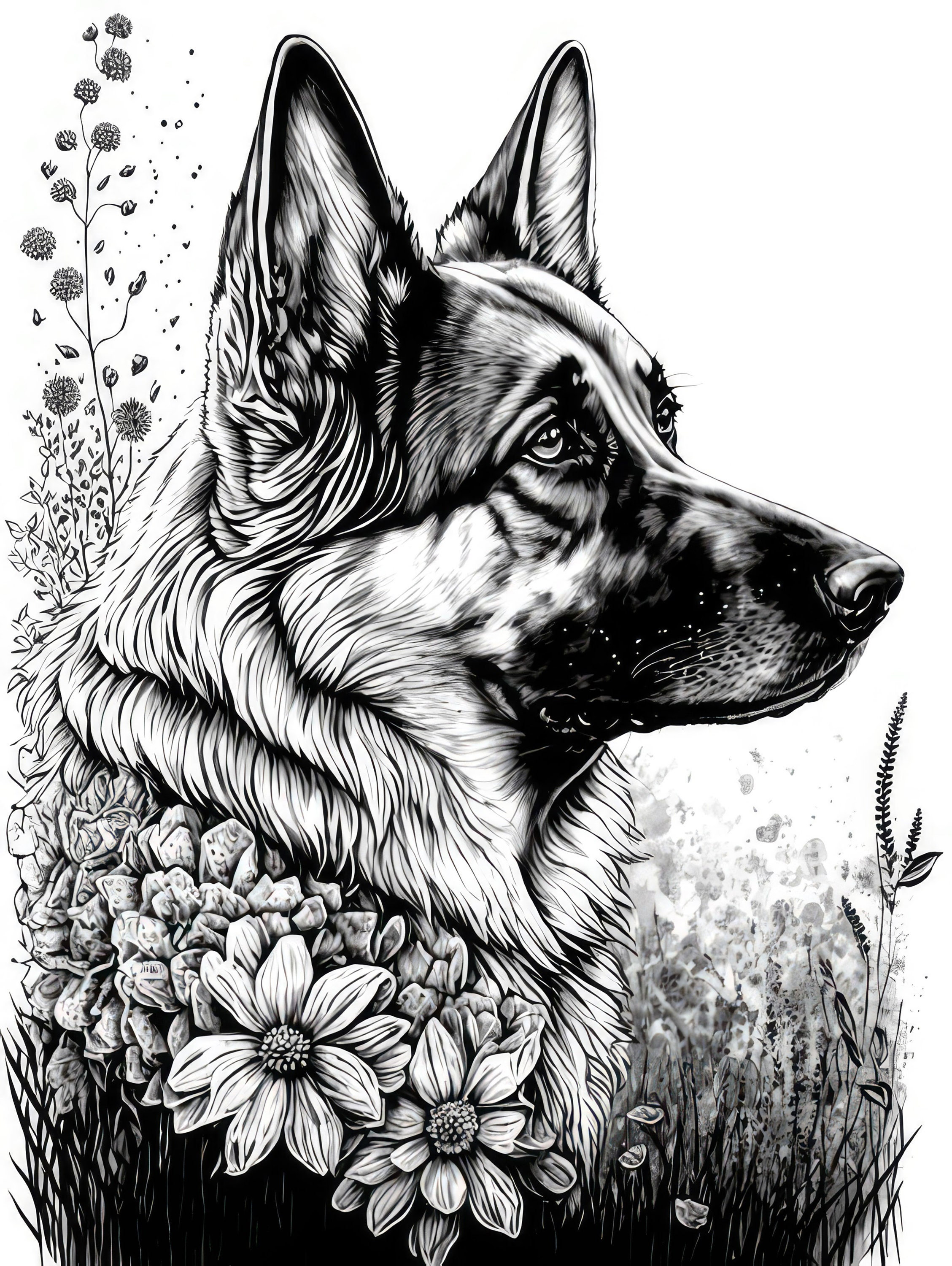 German shepherd coloring sheet ai generated coloring page of a german shepherd with flowers instant download