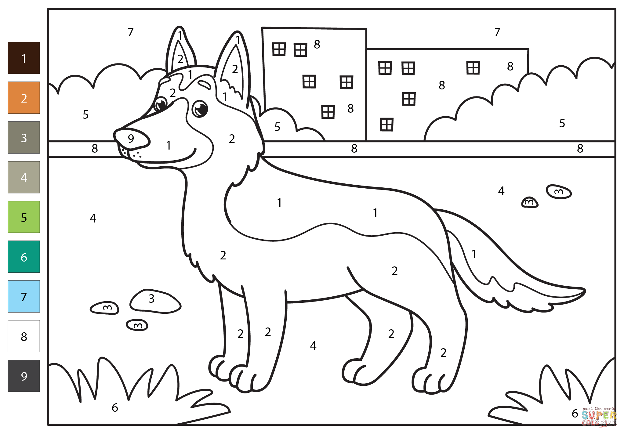 German shepherd color by number free printable coloring pages