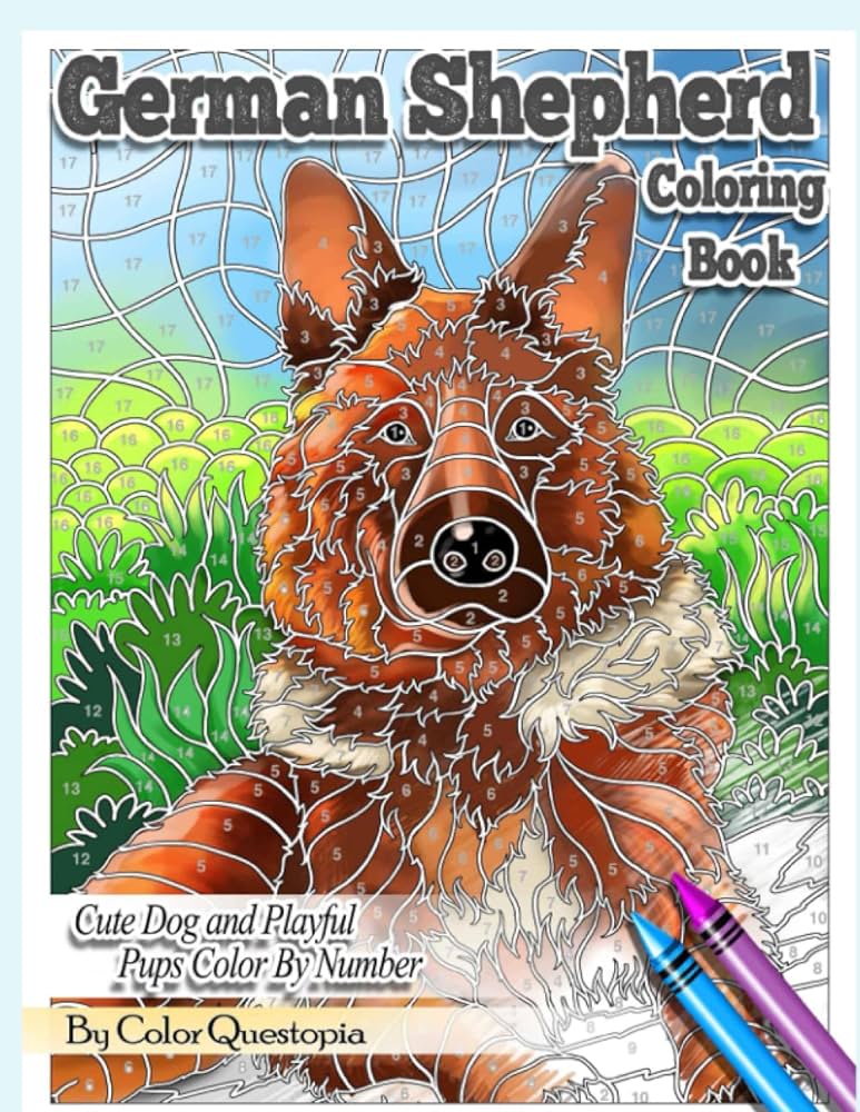 German shepherd coloring book cute dog and playful pups color by number mosaic art puzzles for stress relief and mindfulness adult color by number color questopia books