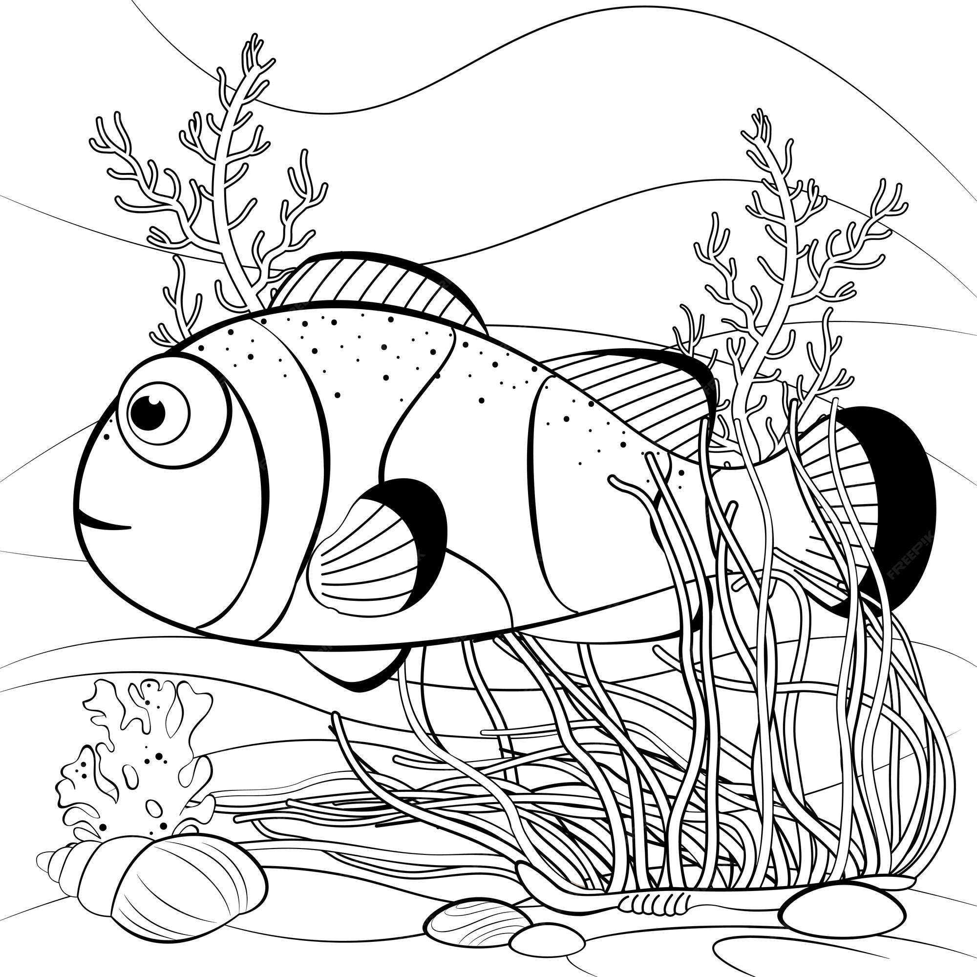 Premium vector underwater scene with cute clown fish and coral reef printable coloring page for kids