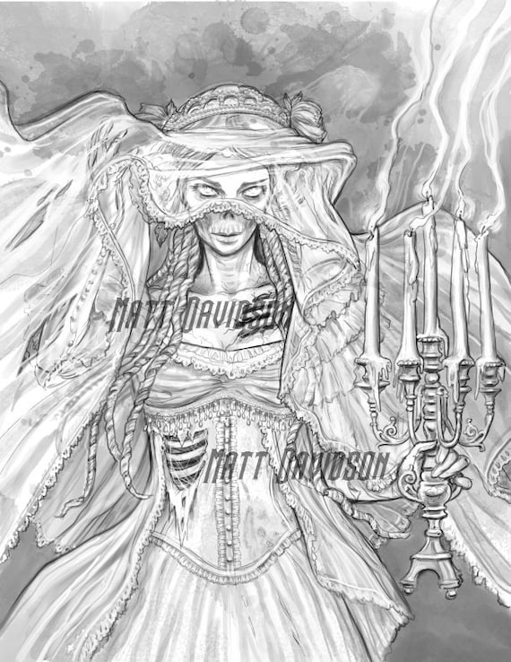 Coloring pages for adults ghost bride halloween grayscale colouring for grown ups instant download printable