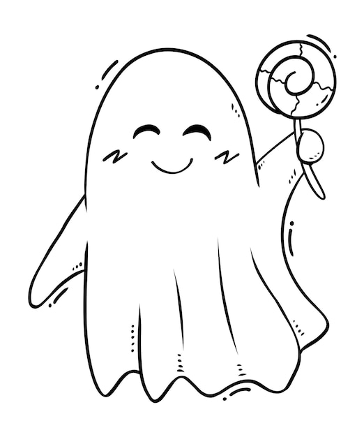Premium vector cute ghost holding a lollipop halloween coloring page