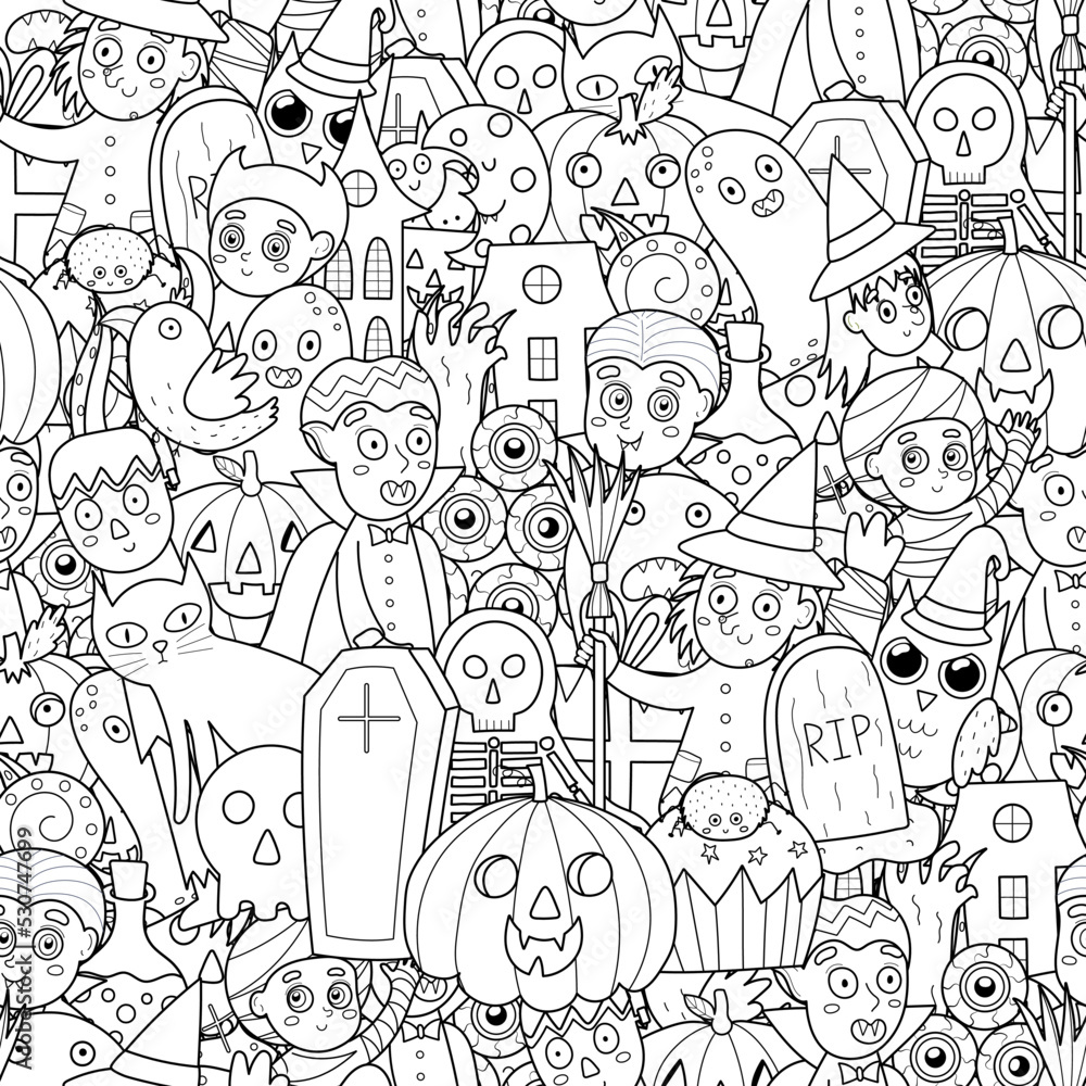 Black and white seamless pattern with halloween characters doodle coloring page for adult and kids with pumpkin witch ghost and others vector illustration vector