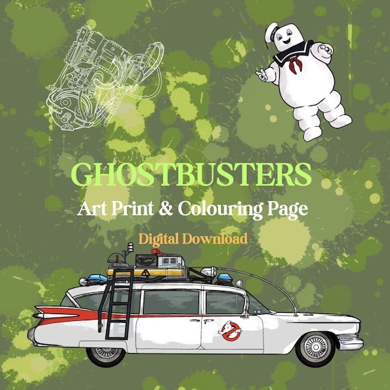 Ghostbusters themed digital art print with coloring page instant download printable wall decor stay puft ecto