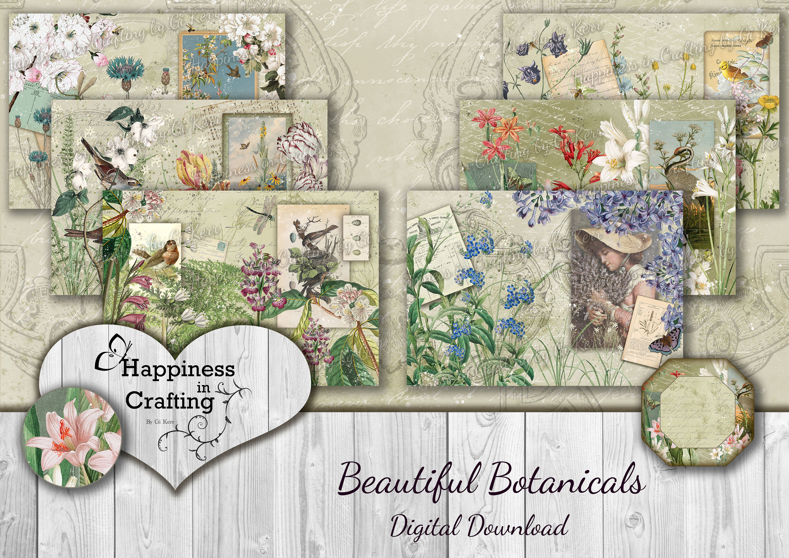 Beautiful botanicals instant digital download printable digital kit for junk journals scrapbooking happiness in crafting gi kerr