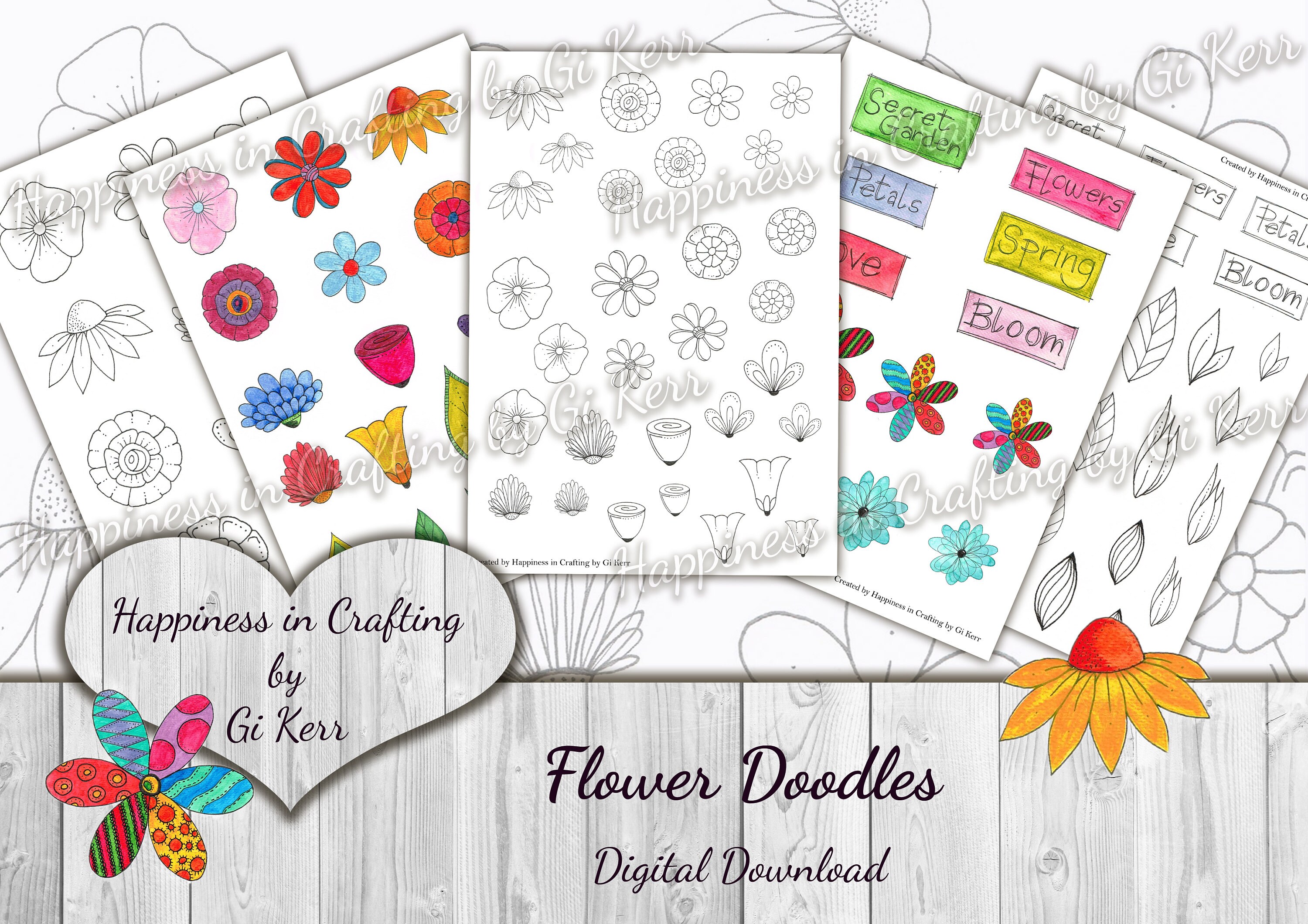 Flower doodles instant digital download printable digital kit for junk journals scrapbooking happiness in crafting gi kerr