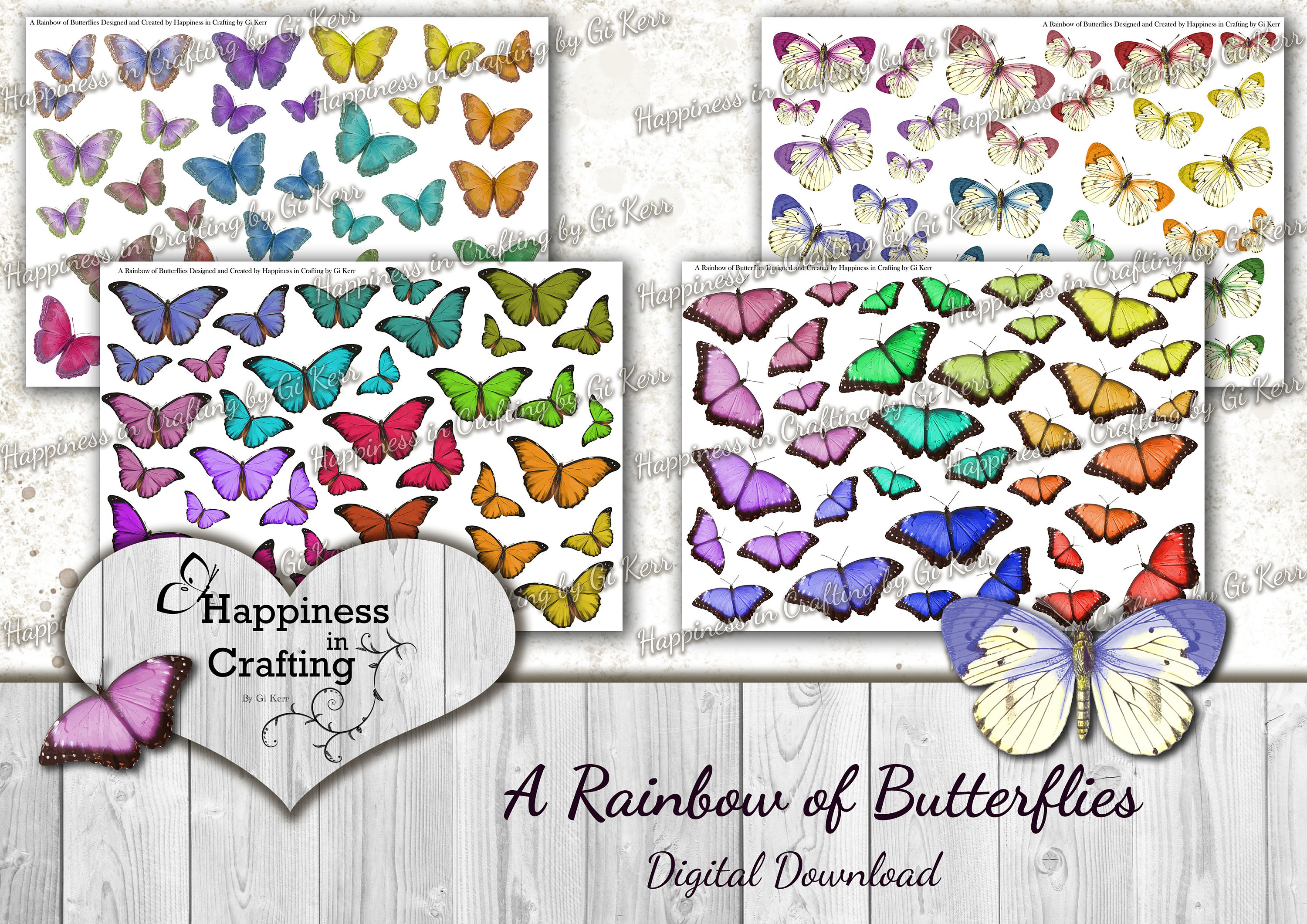 A rainbow of butterflies fussy cut butterflies instant digital download printable digital junk journals scrapbooking gi kerr