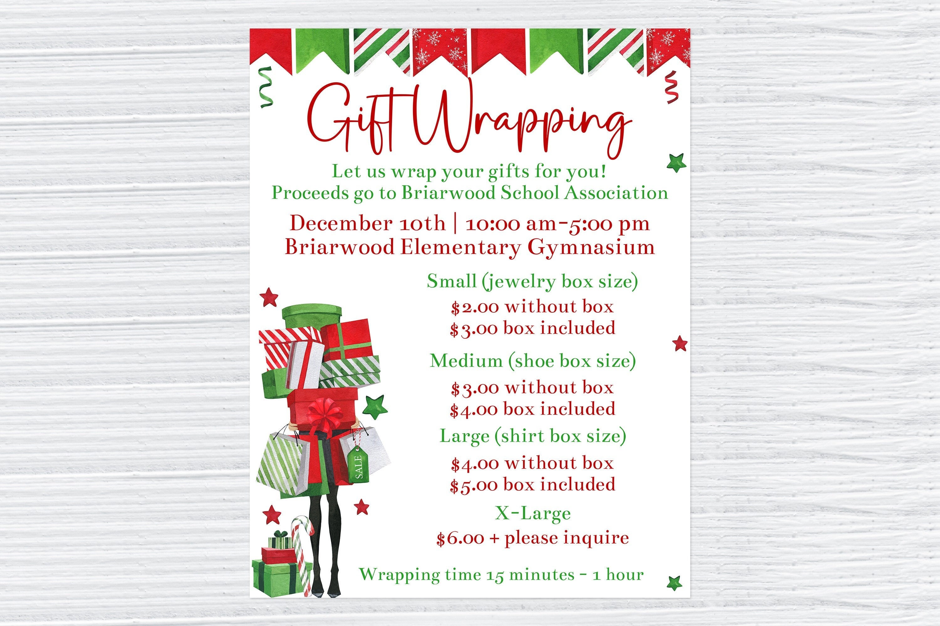 Editable gift wrap fundraiser template school gift wrapping flyer x printable winter school fundraiser church fundraiser corjl download now