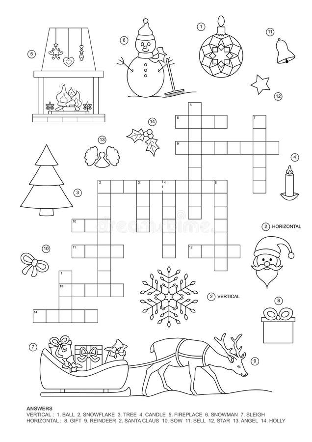 Crossword puzzle this christmas theme crossword puzzle game is for kids game and coloring page english language stock vector