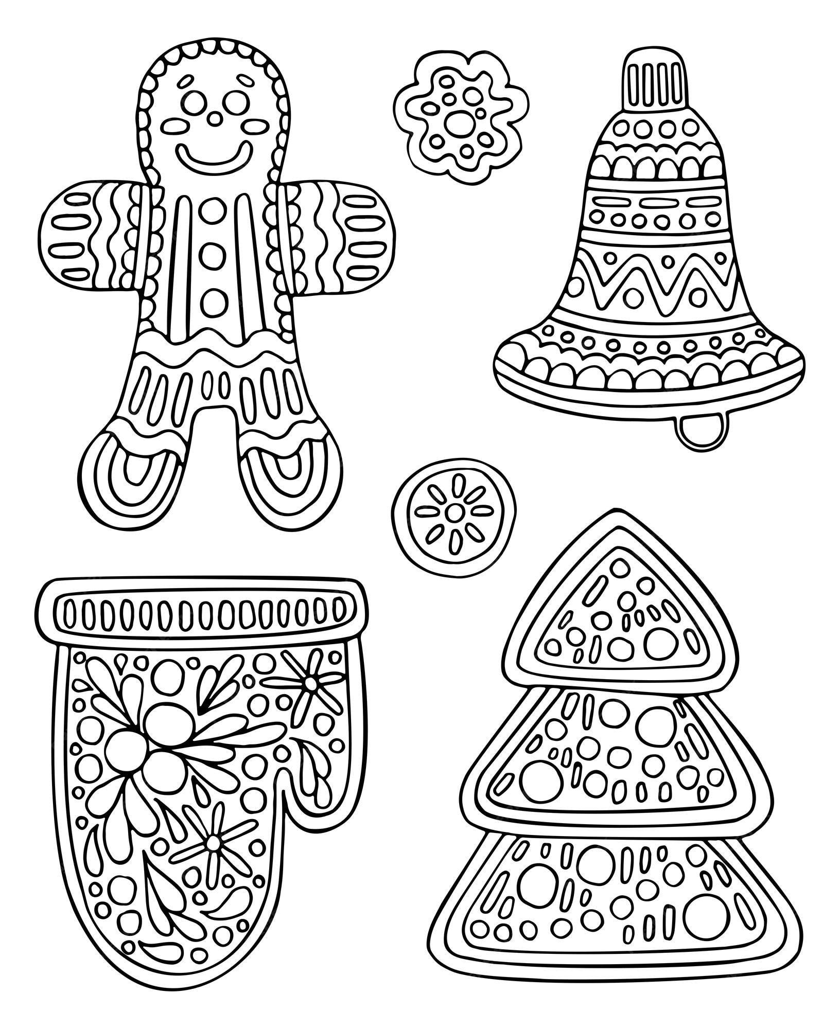 Premium vector christmas vector coloring page set of festive gingerbread cookies yummy sweet man bell mitten spruce round cookies hand drawn line art winter illustration happy holiday