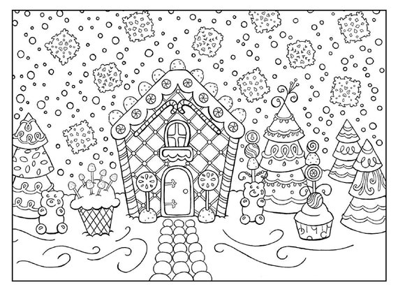 Gingerbread house themed christmas coloring pages digital download