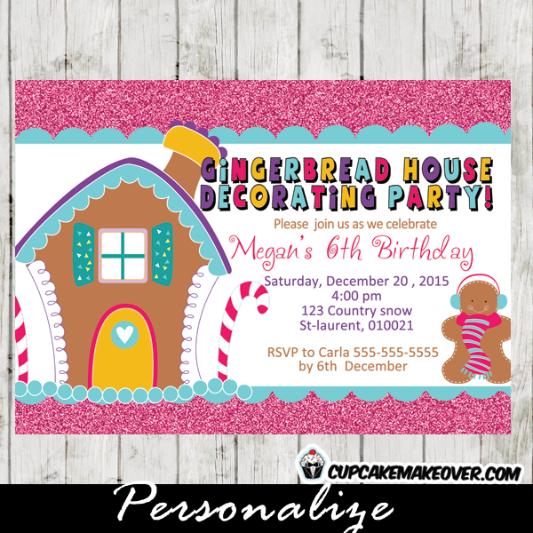 Gingerbread birthday invitations whimsical house decorating party