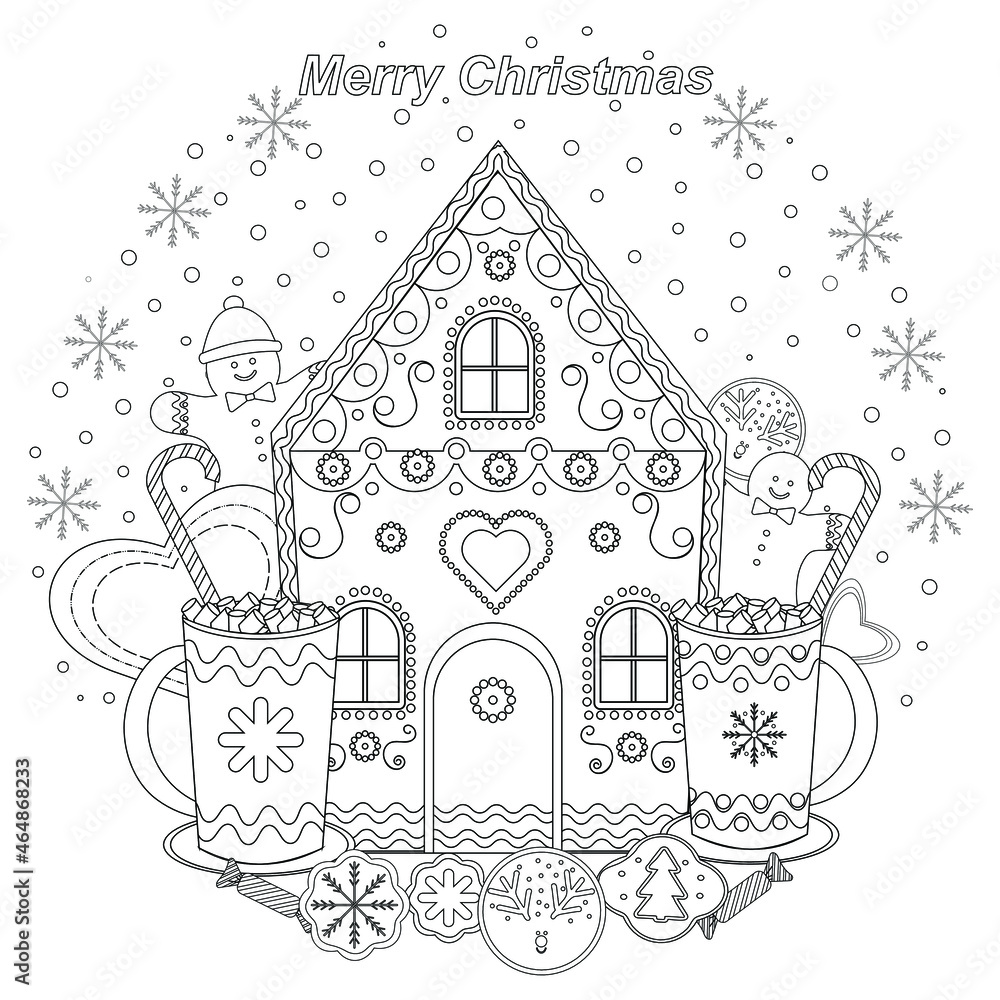 Coloring book festive fabulous christmas sweets gingerbread house candy gingerbread man template for christmas new year cards greetings invitations web vector