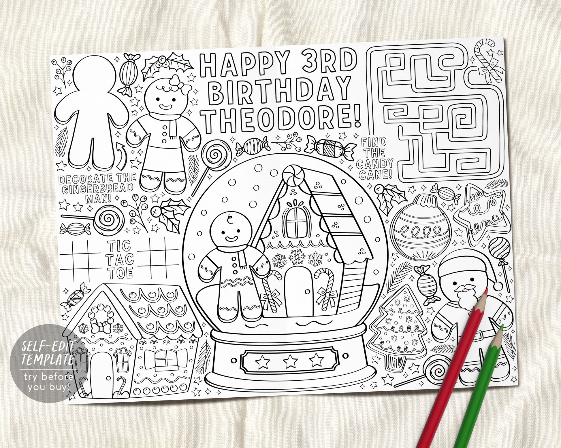 Gingerbread house decorating party birthday coloring page placemat edi â puff paper co