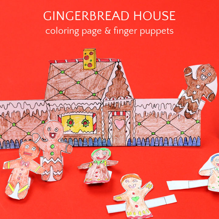 Gingerbread house coloring page with finger puppets