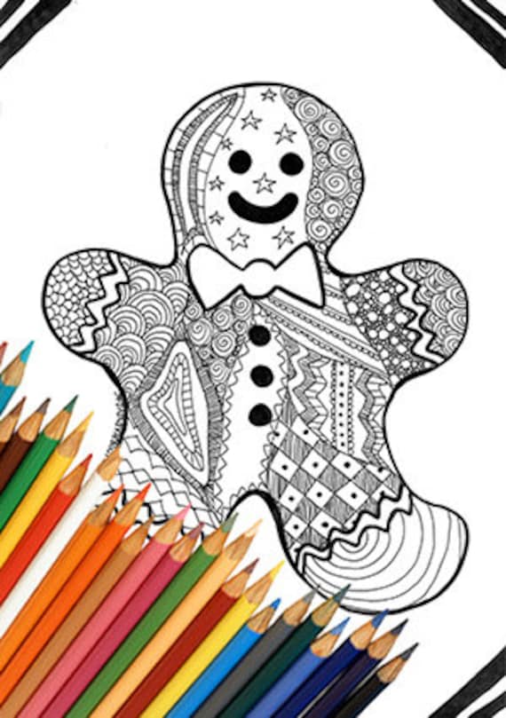 Gingerbread man coloring page printable zentangle design cookie black and white instant download a merry christmas idea kids adults book