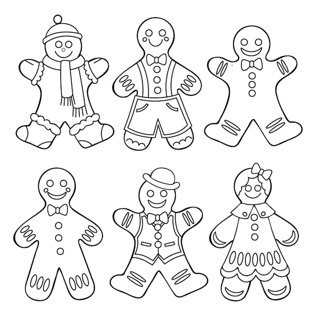 Premium vector coloring book gingerbread men christmas sweet happy new year hand drawn line art illustration coloring page for kids and adults