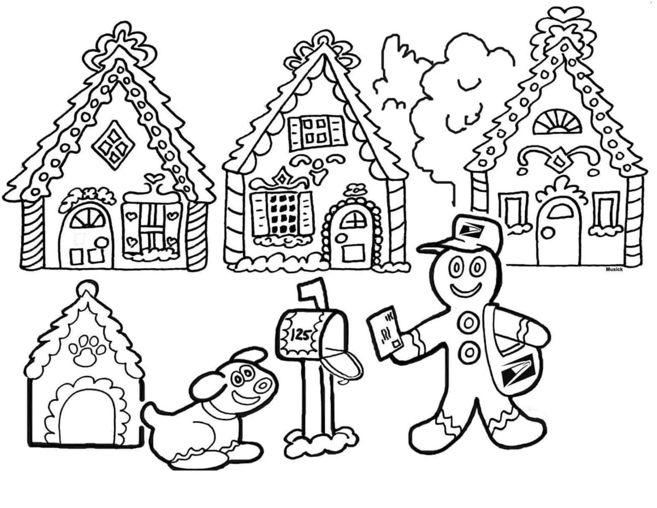 Gingerbread man with gingerbread dog and gingerbread houses coloring page