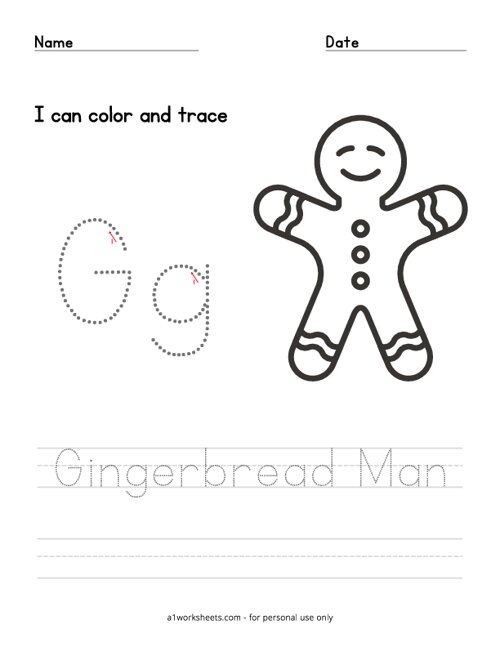 Gingerbread man coloring and letter tracing