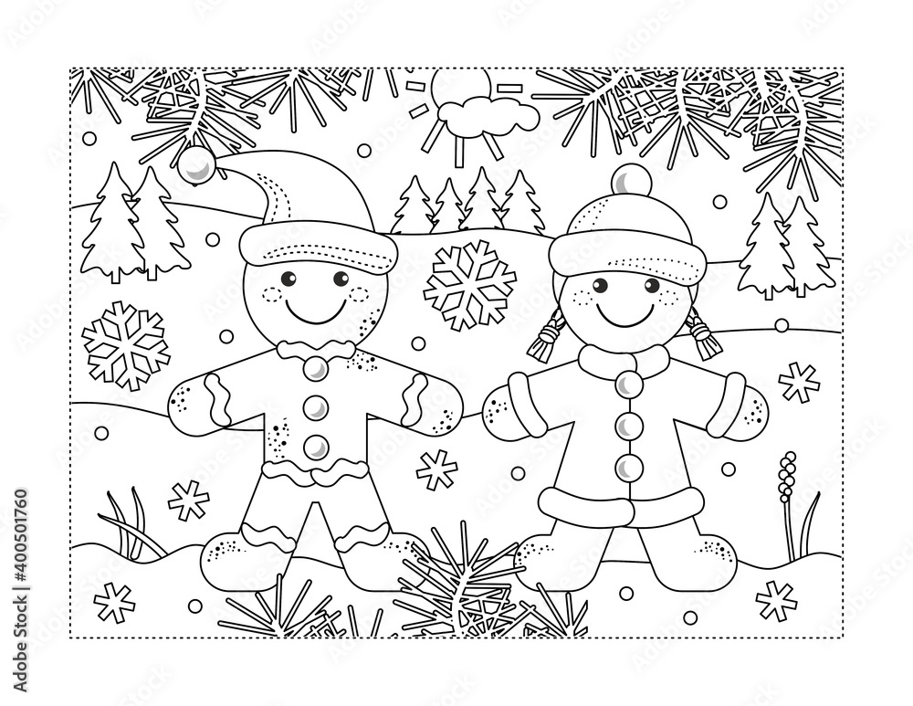 This is coloring page with gingerbread man and gingerbread girl walking in outdoor winter scene vector