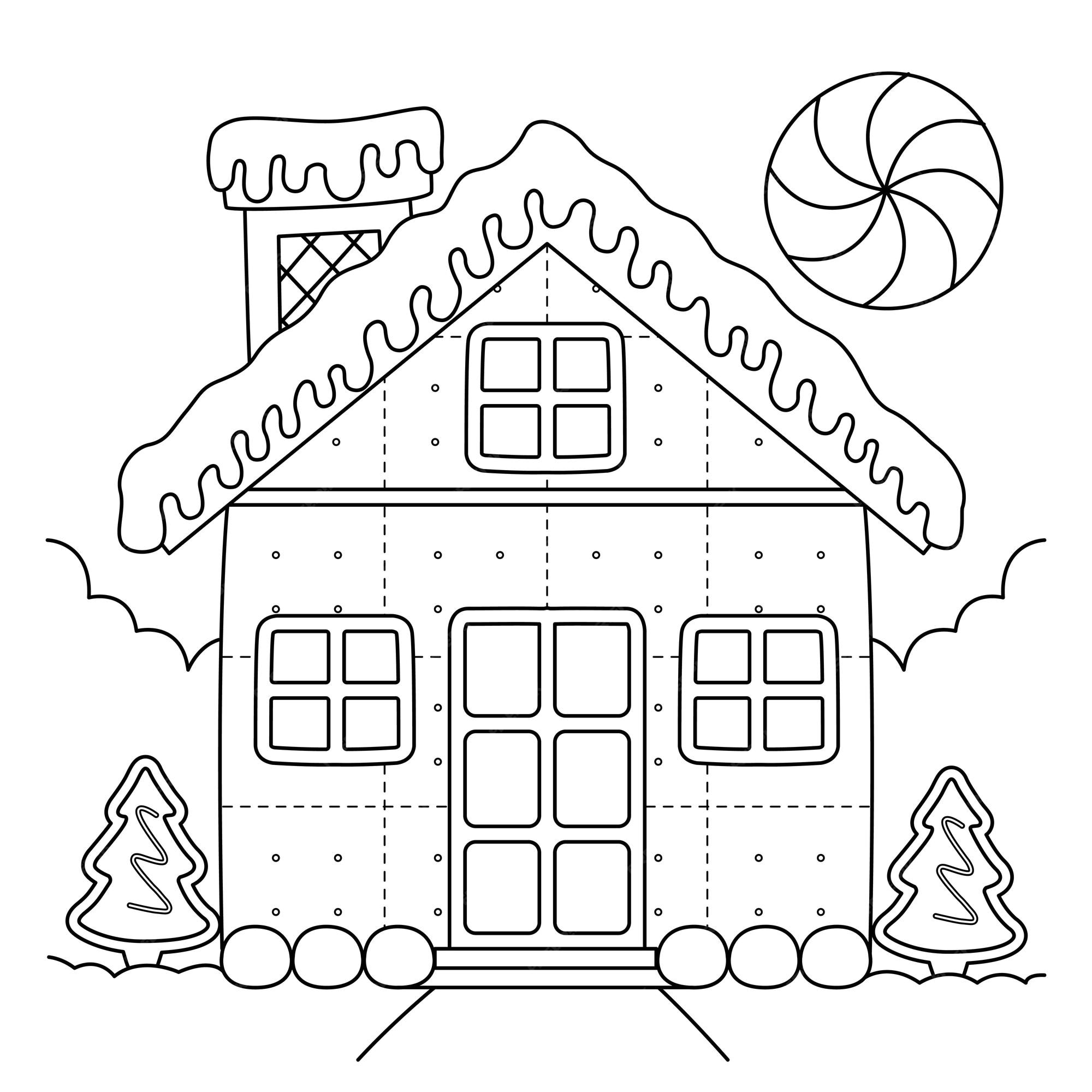 Premium vector christmas gingerbread house coloring page for kids