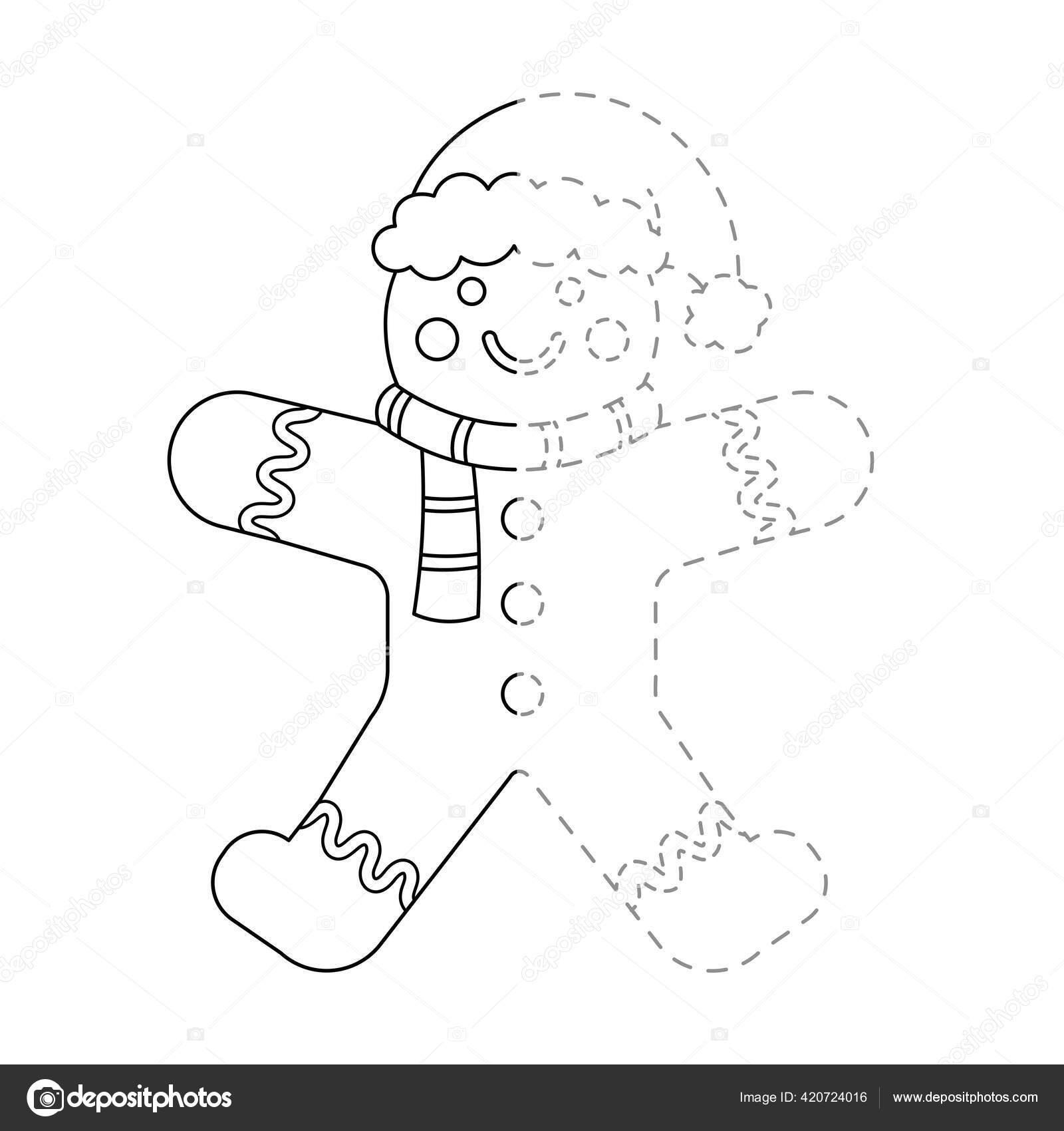Trace color christmas gingerbread handwriting practice kid stock vector by elenaparshina