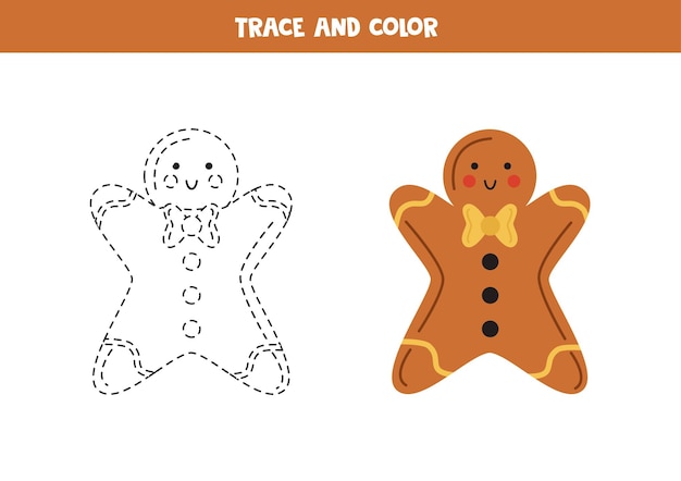 Premium vector trace and color cute gingerbread cookie worksheet for children