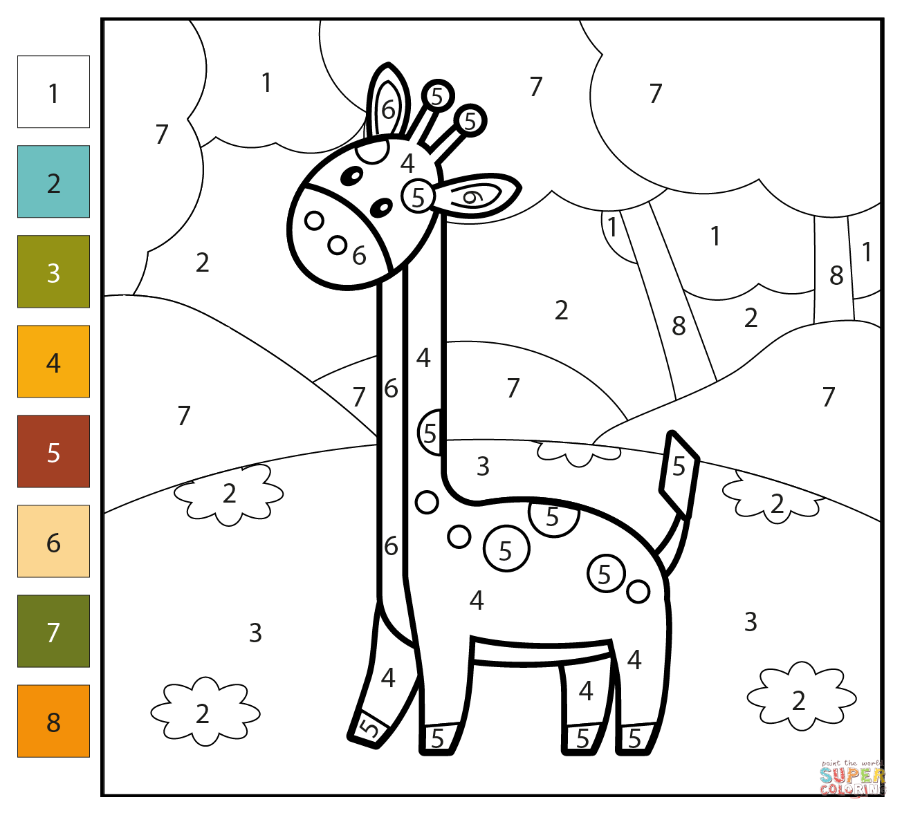 Giraffe color by number free printable coloring pages