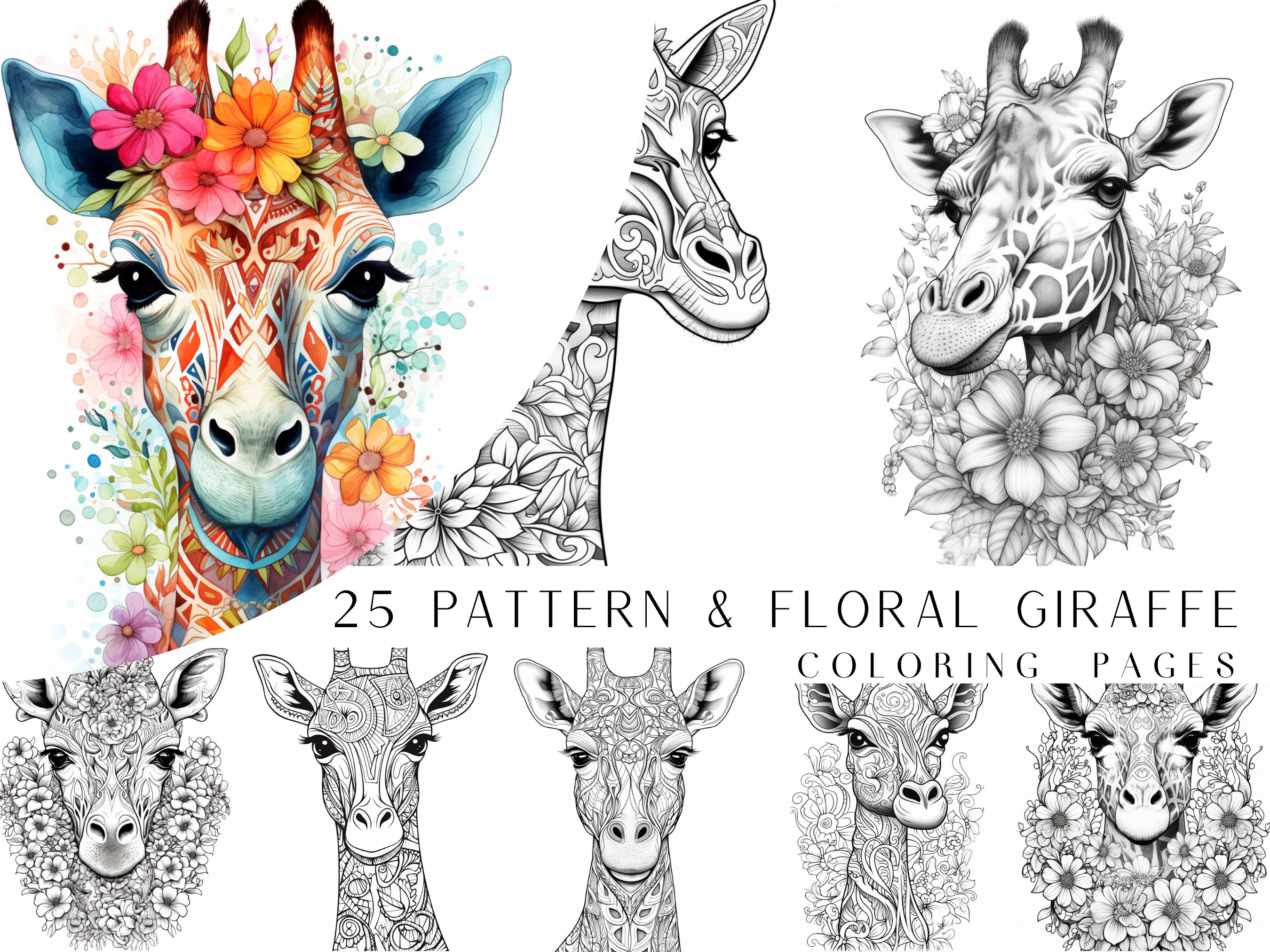 Patterned floral giraffe coloring pages adults and kids coloring book digital coloring sheets instant download printable pdf file instant download