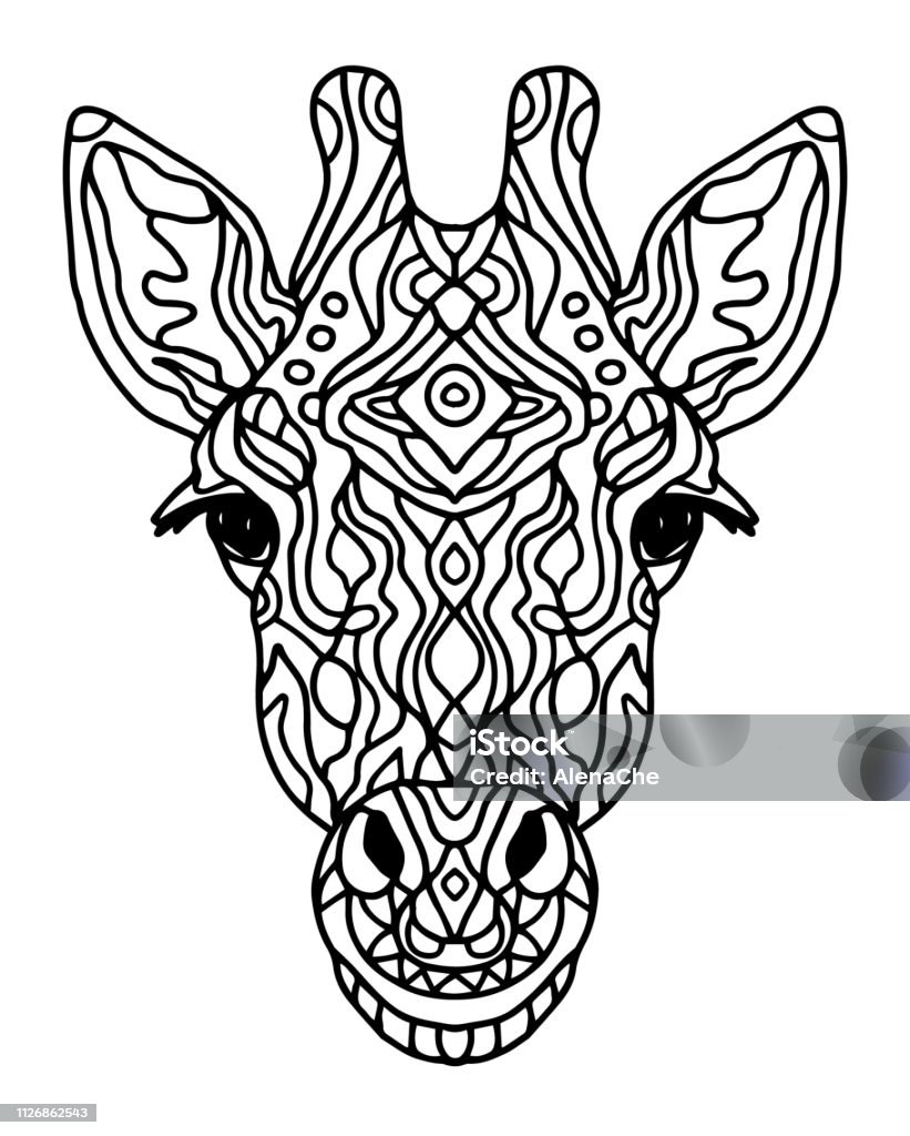 Stylized doodle vector giraffe head zen art style zoo animal ethnic tribal african print suits as tattoo template decoration coloring book sketch collection of animals stock illustration